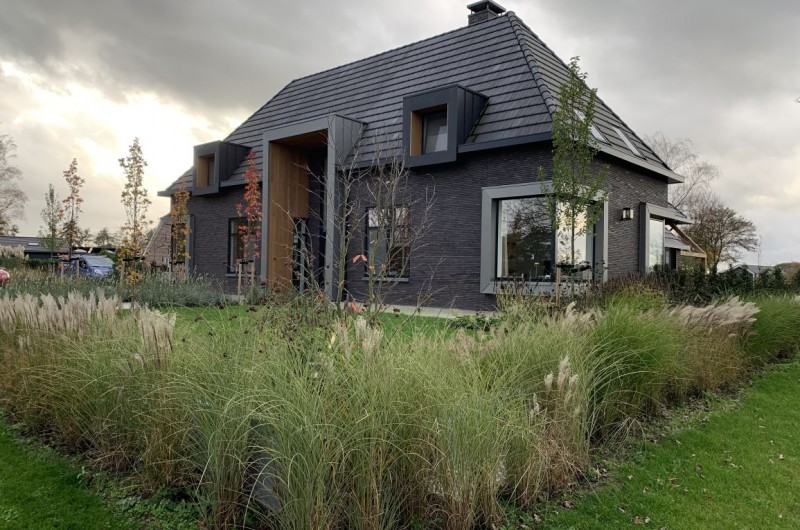 Landelijke tuin met verticale lijnen en siergrassen